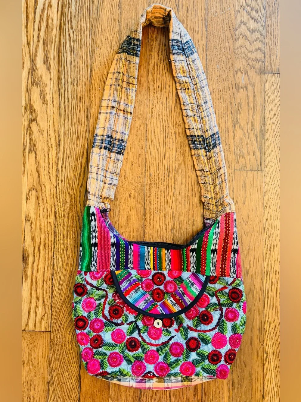 Vintage Guatemala Huipil Boho Shoulder Bag Raised Floral Embroidered Hippie